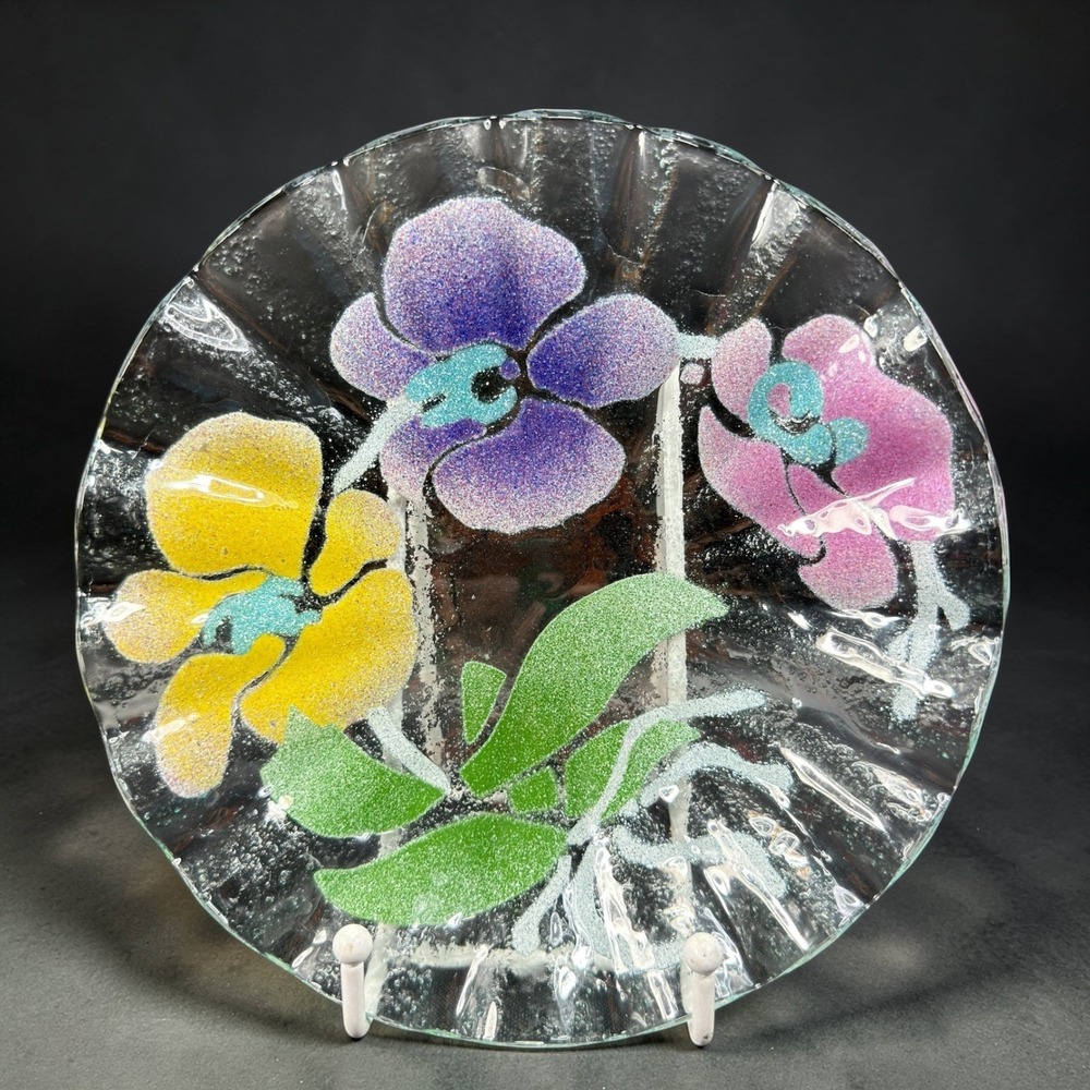 Sydenstricker Glass Floral Pansy Slumped‎ Ruffled Edge Bowl Textured Centerpiece